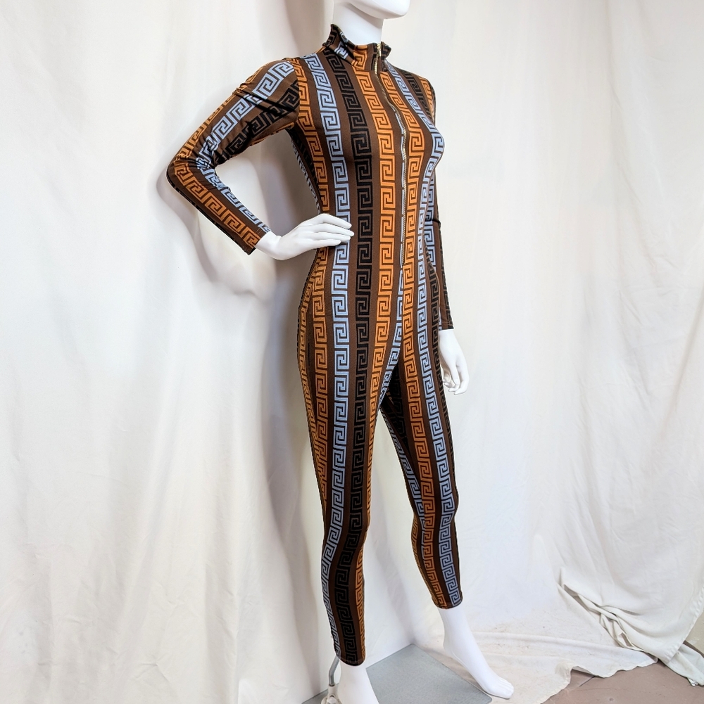 Greek Key Pattern Brown & Light Blue Half Zip Mock Neck Long Sleeve Jumpsuit - Picture 5 of 11